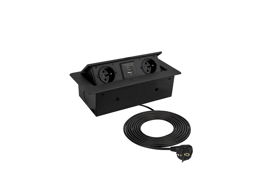 Zásuvka výklopná DL KOMBI BOX 2x zásuvka 230 V 1x USB A + 1x USB C nabíječka, kabel 3,0 m černá